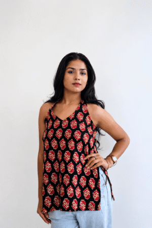 Athyea Black Floral Printed Halter Neck Top