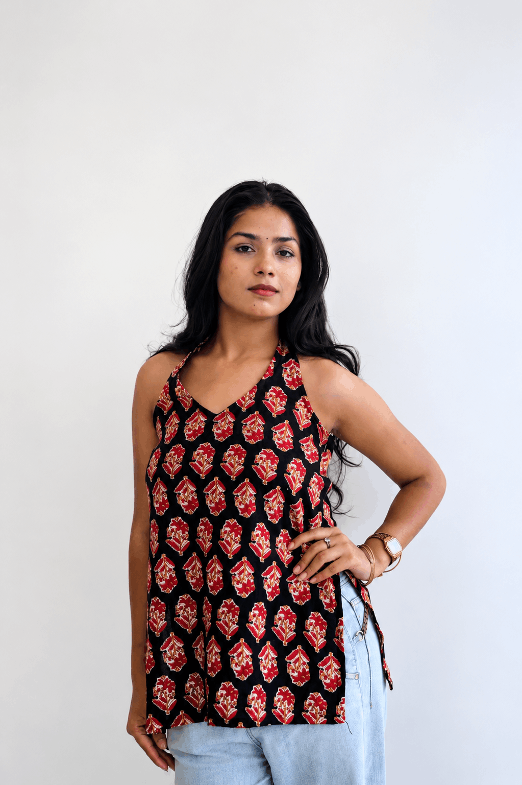 Athyea Black Floral Printed Halter Neck Top