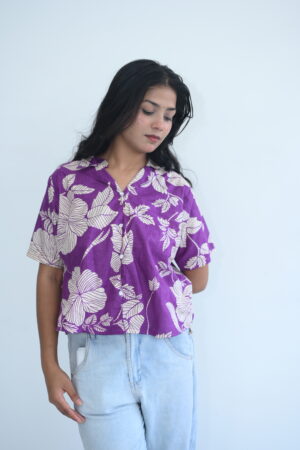 Purple Tropical Printed Button-Down Shirt Top