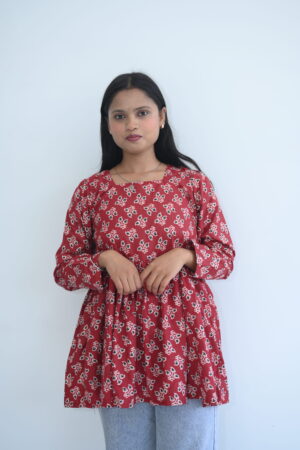 Athyea Signature Red Floral Flared Kurti