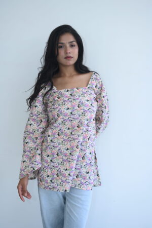 Pastel Floral Square Neck Kurti Top