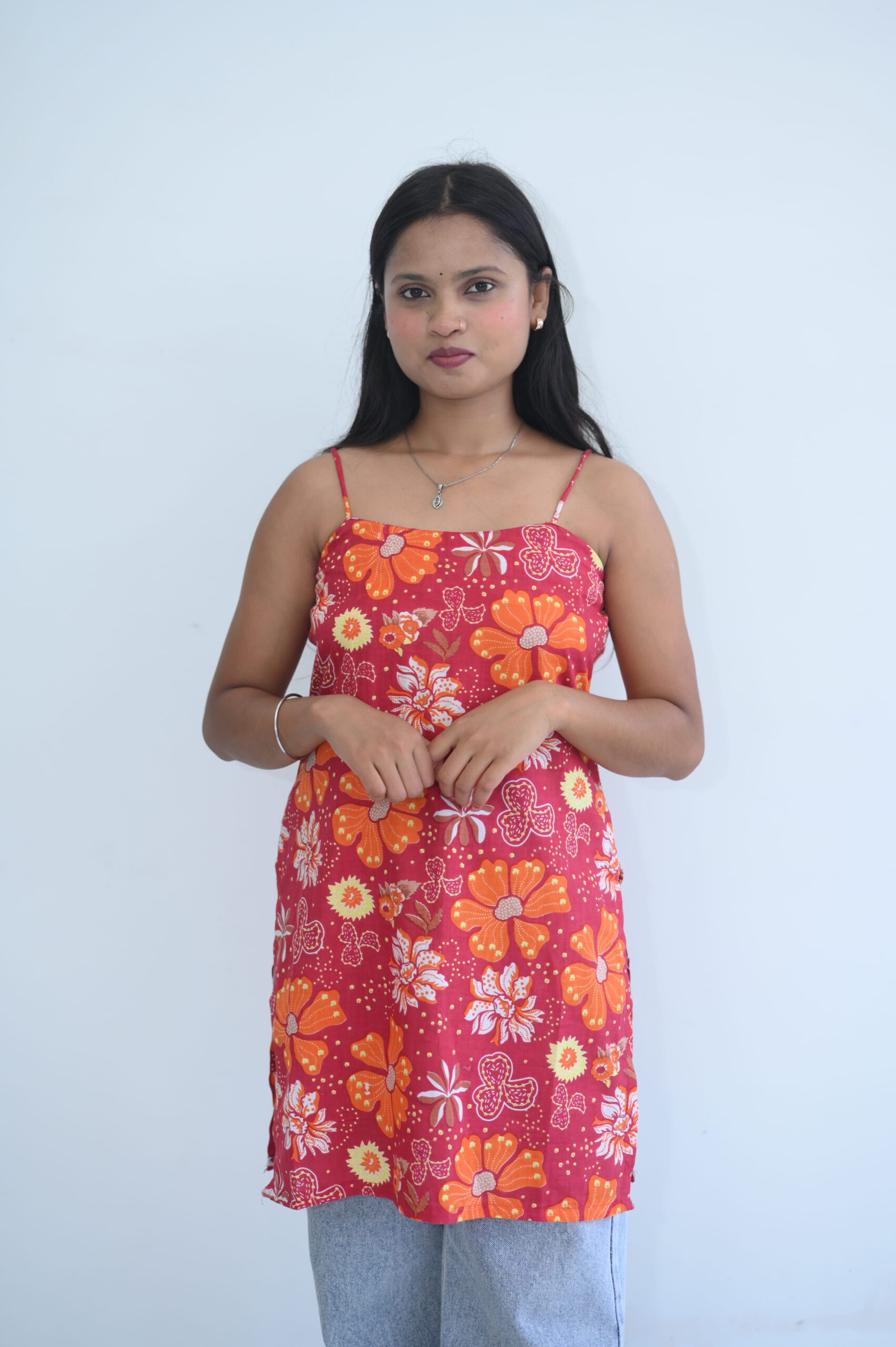 Red Floral Printed Strappy Kurti Top