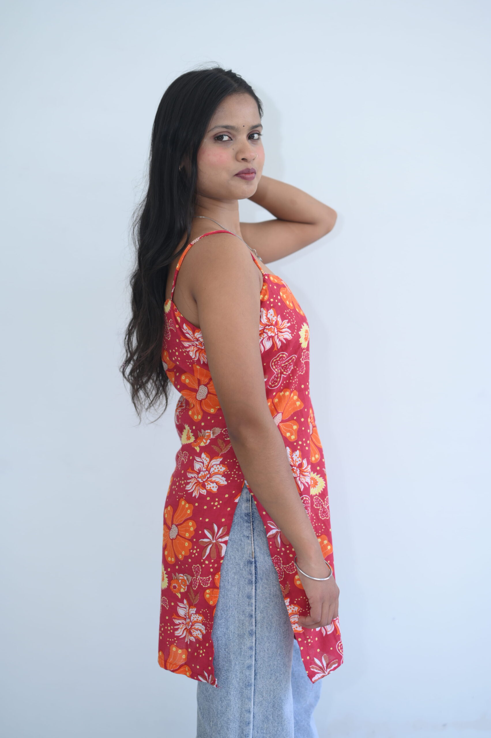 Red Floral Printed Strappy Kurti Top - Image 5