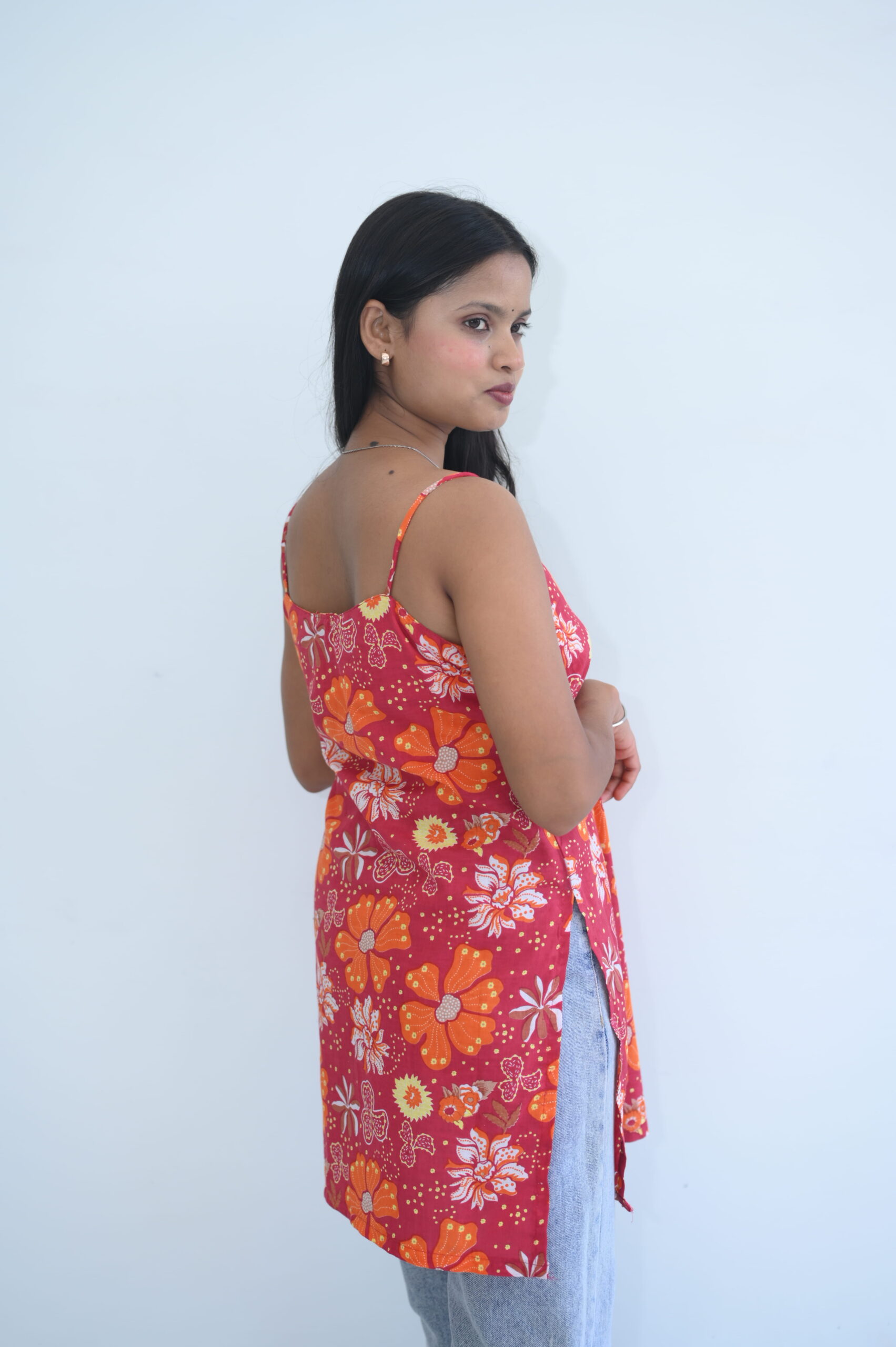 Red Floral Printed Strappy Kurti Top - Image 3