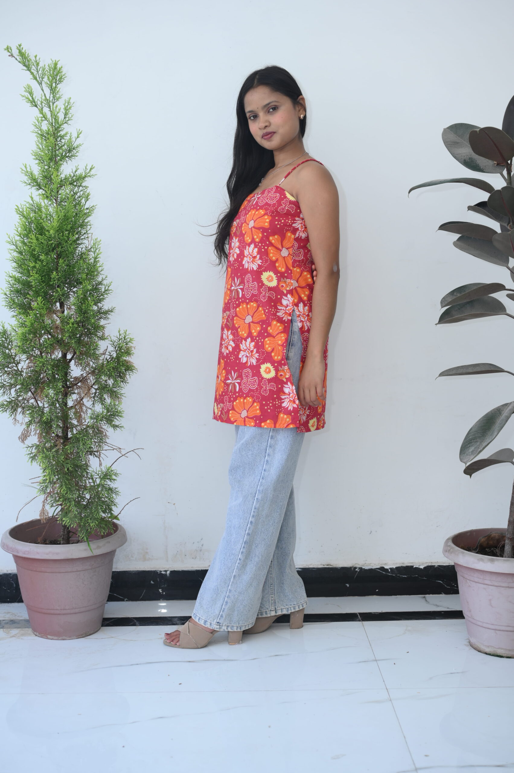 Red Floral Printed Strappy Kurti Top - Image 4