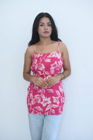 Pink Floral Printed Strappy Kurti Top