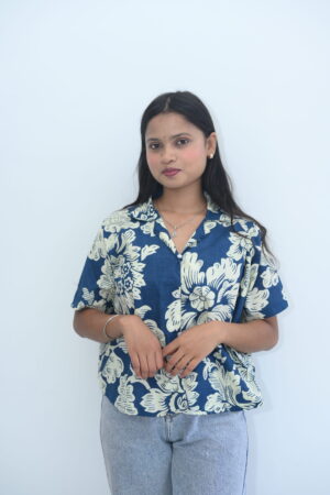 Blue Tropical Floral Printed Shirt Top