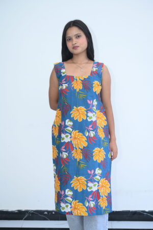 Blue Tropical Floral Straight Kurti Dress