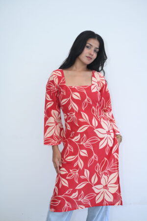 Red Floral Printed Square Neck Kurti Dress
