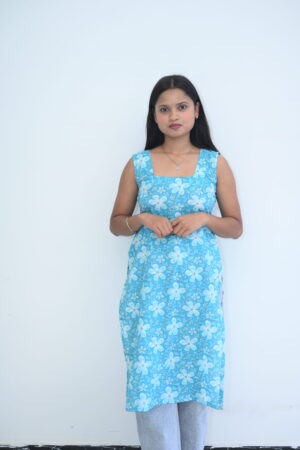 Sky Blue Floral Printed Straight Kurti Dress
