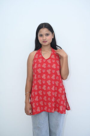 Red Printed Halter Neck Kurti Top