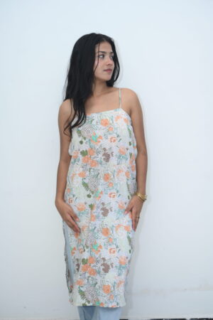White Floral Printed Strappy Kurti Dress