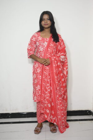 Coral Pink Floral Kurta Set with Dupatta