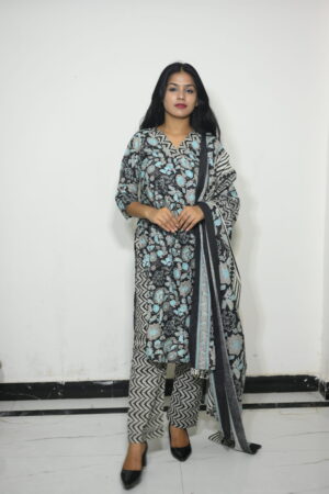 Black Floral Printed Kurta Set with Dupatta