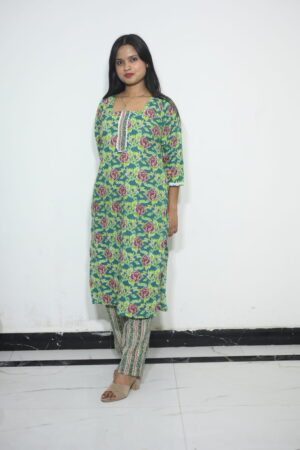 Green Floral Printed Kurta Pant Set