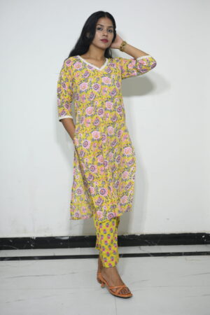 Yellow Floral Printed Kurta Pant Set