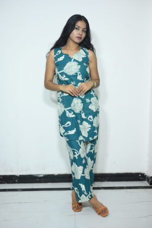 Teal Floral Printed Sleeveless Co-Ord Set