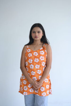 Orange Floral Sleeveless Tunic Top
