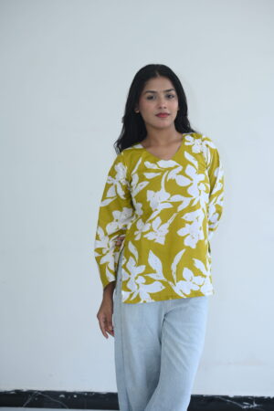Mustard Floral Printed Cotton Top