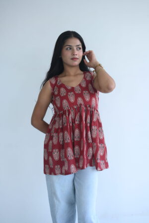 Maroon Ajrakh Printed Sleeveless Peplum Top