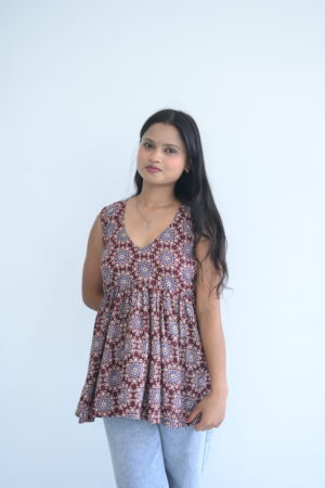 Brown Printed Sleeveless Peplum Top