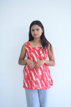 Coral Abstract Printed Sleeveless Tunic Top