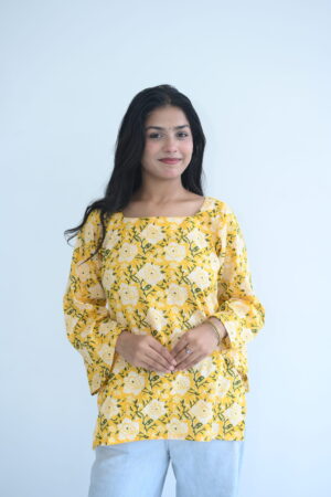 Yellow Floral Printed Bell Sleeve Top