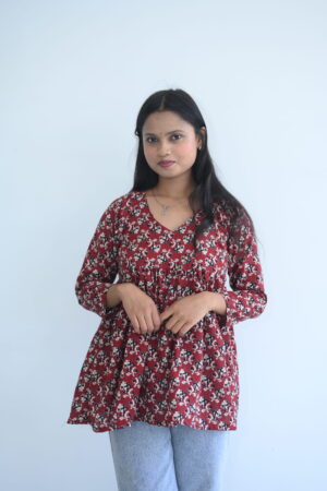 Maroon Printed Peplum Cotton Top