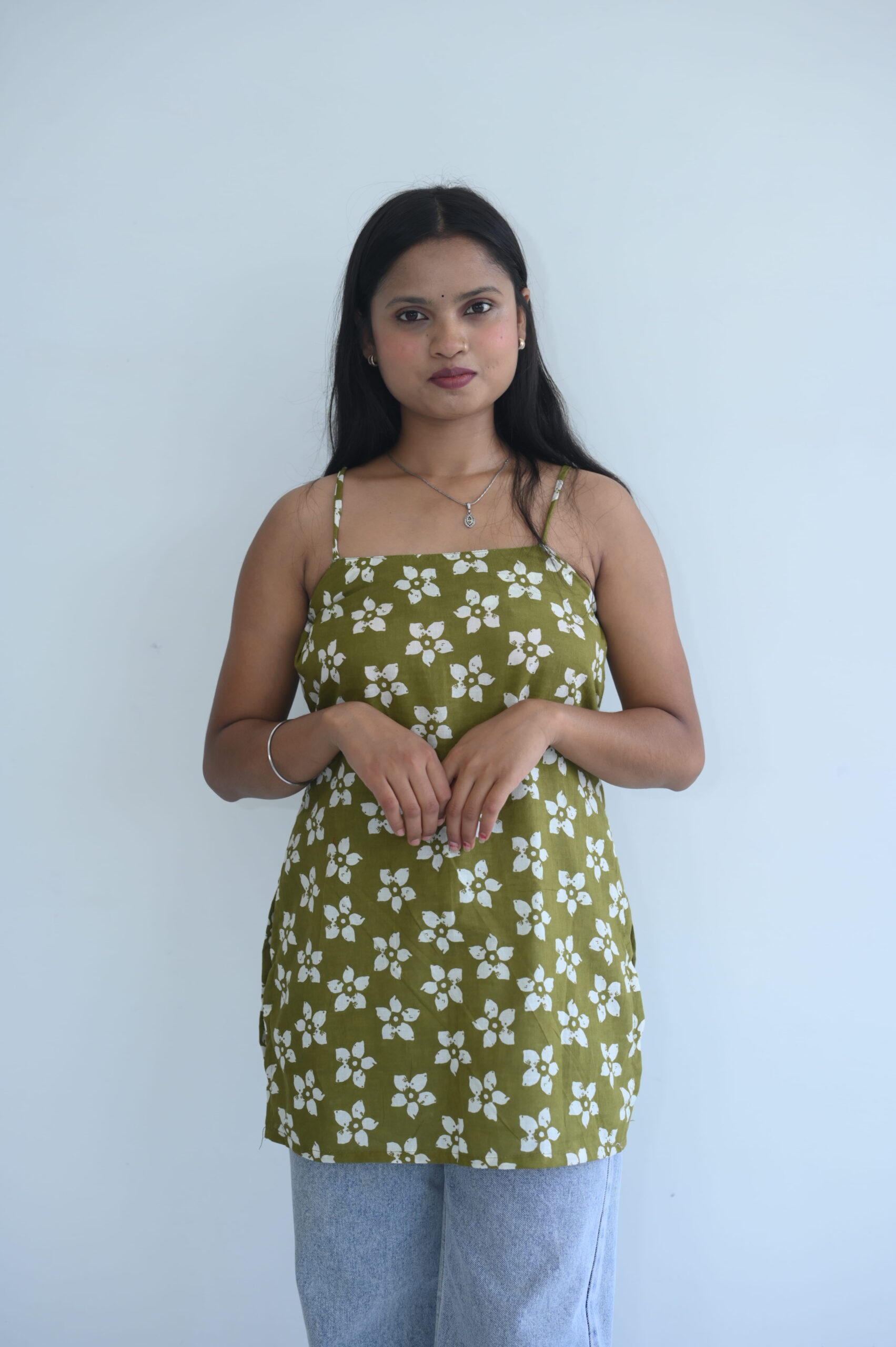 Olive Floral Printed Strappy Tunic Top - Image 2