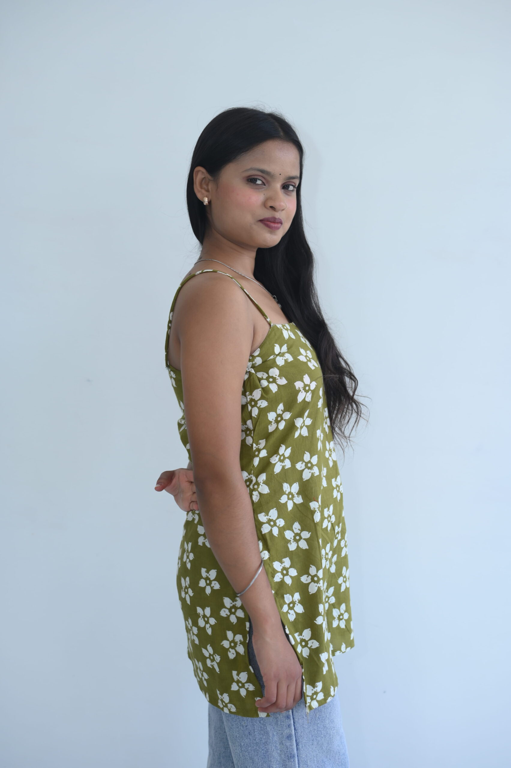 Olive Floral Printed Strappy Tunic Top - Image 3