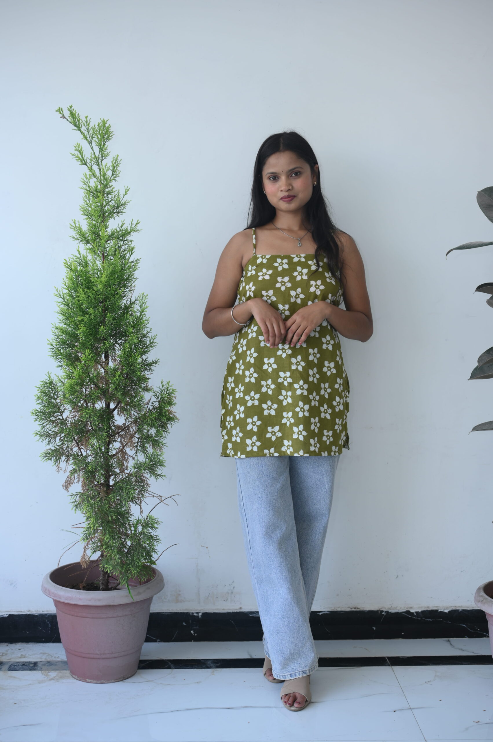 Olive Floral Printed Strappy Tunic Top - Image 5