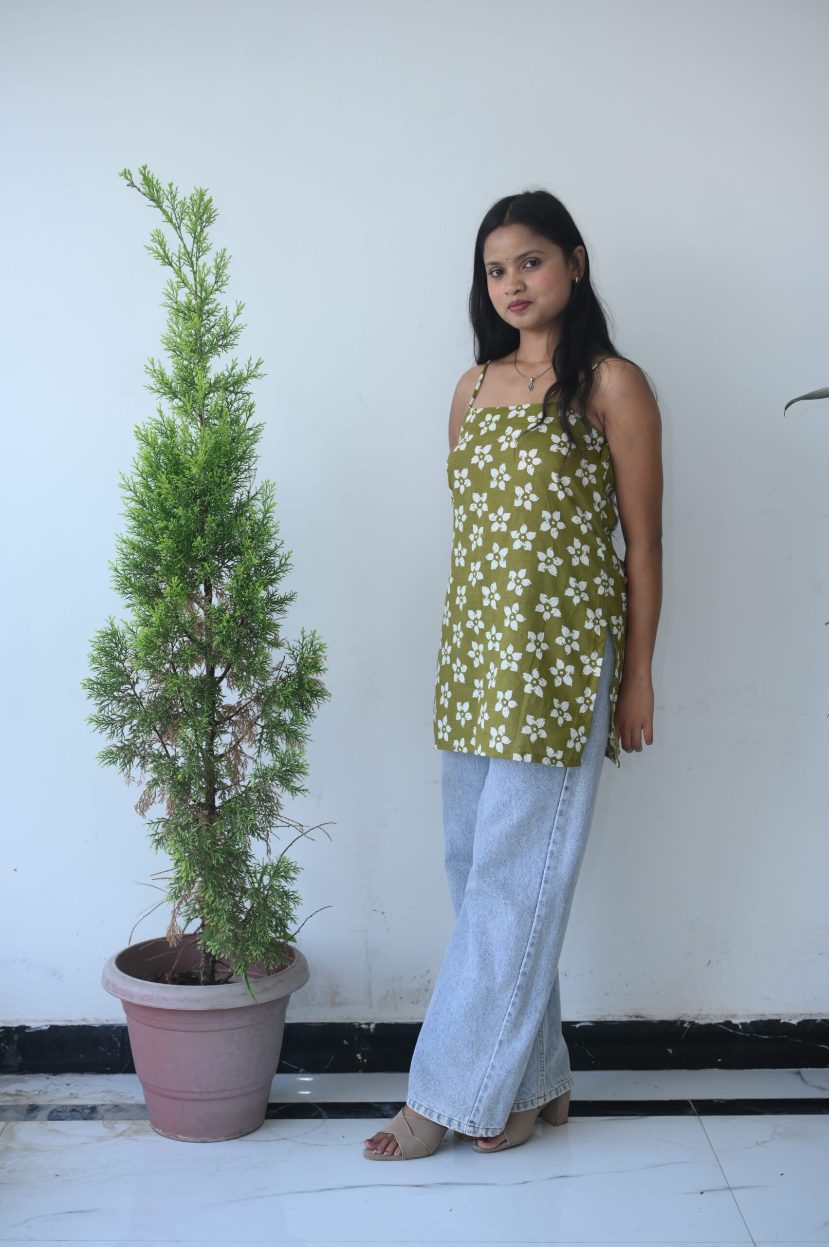 Olive Floral Printed Strappy Tunic Top - Image 6