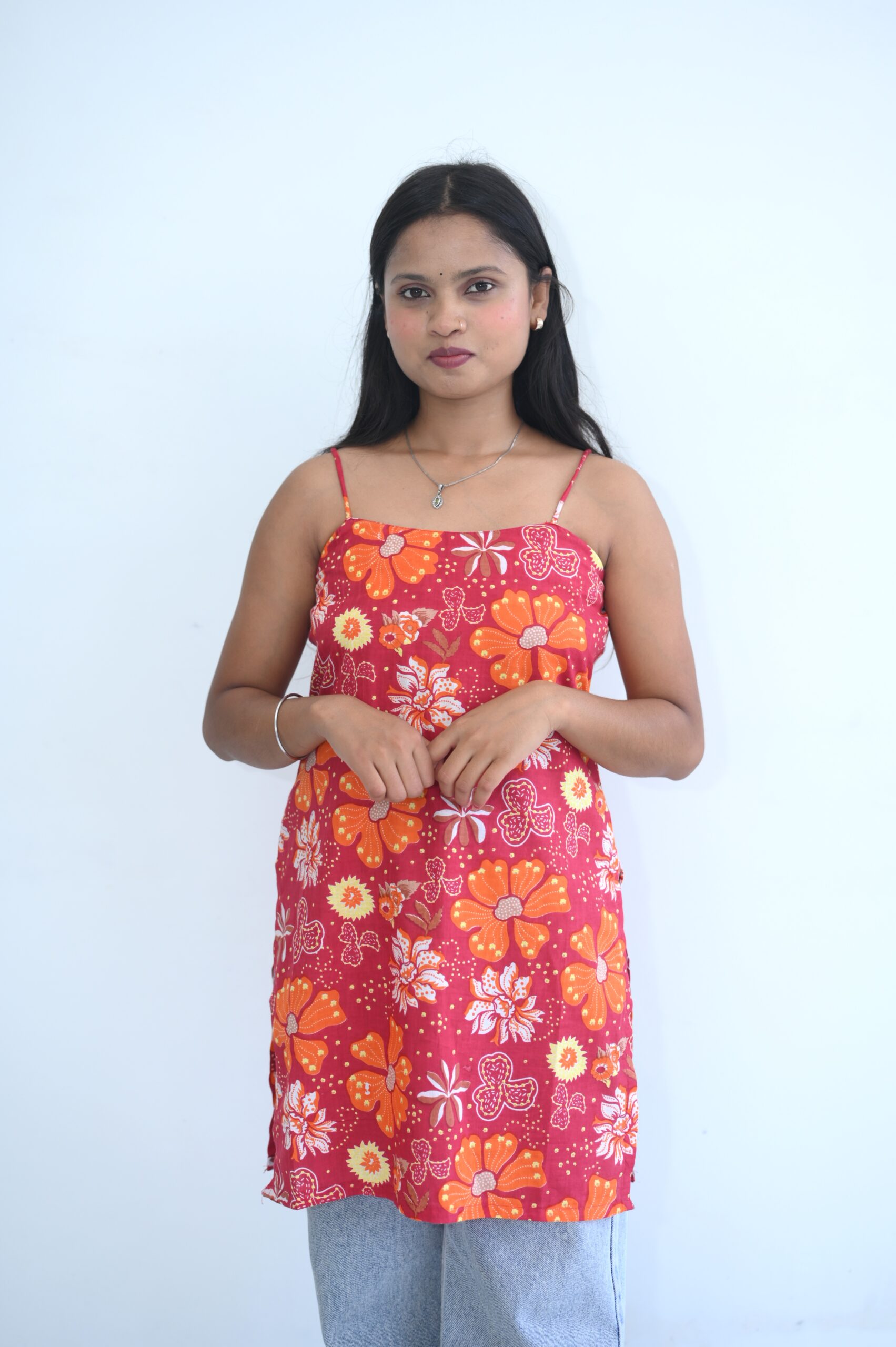 Red Floral Printed Strappy Kurti Top - Image 6